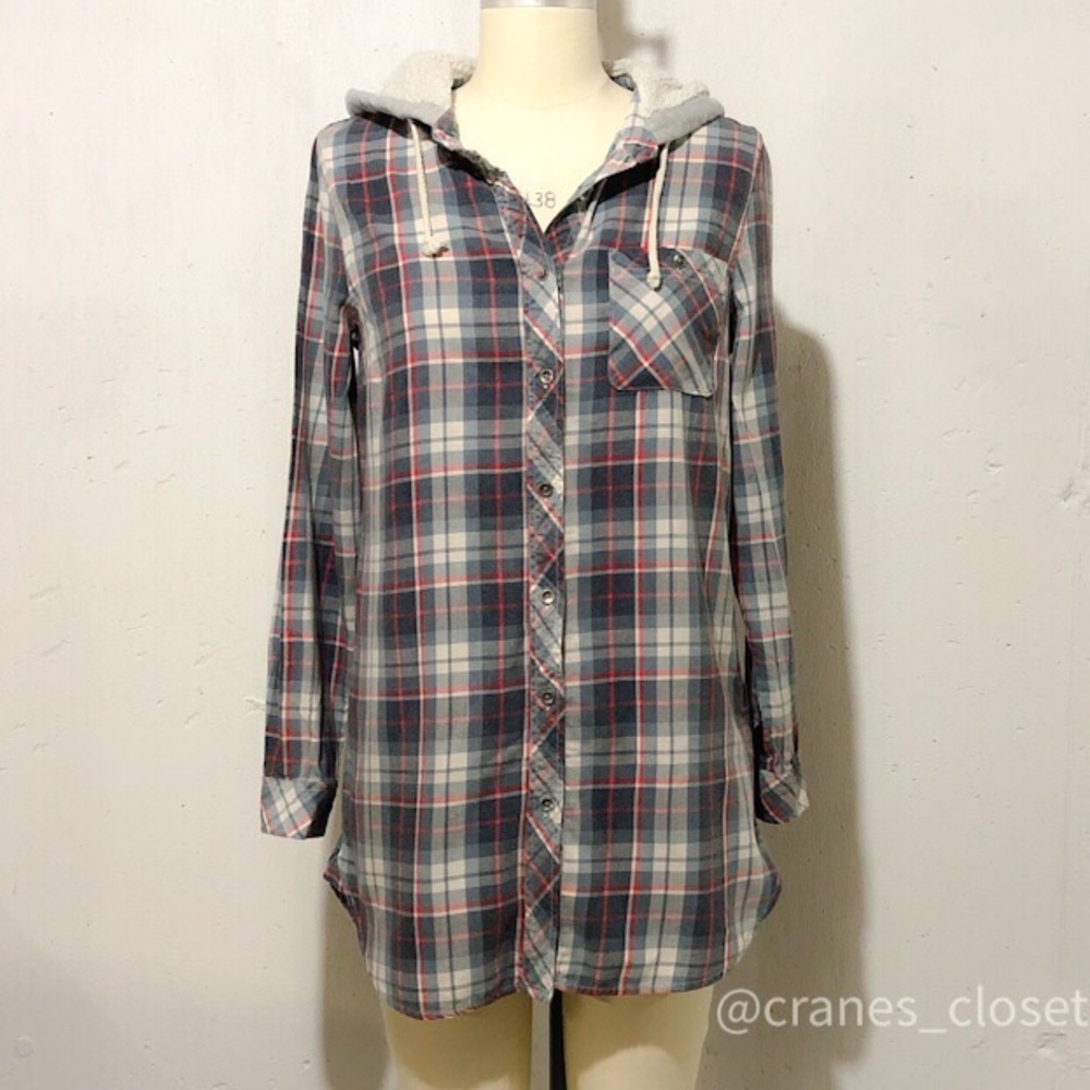 Vanilla Star Blue Plaid Tunic Sherpa Hooded M